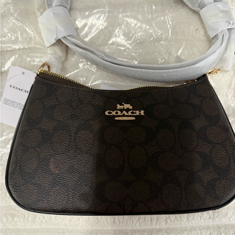 COACH Dark Brown Signature Shoulder Bag with Gold Hardware
